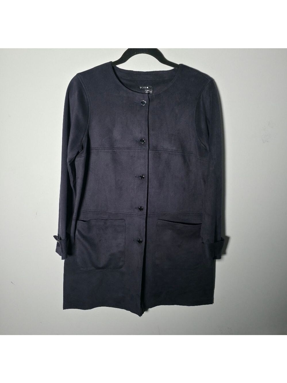 Bylyse Longline Faux Suede Jacket Navy Button Front Pockets Small - Picture 7 of 12